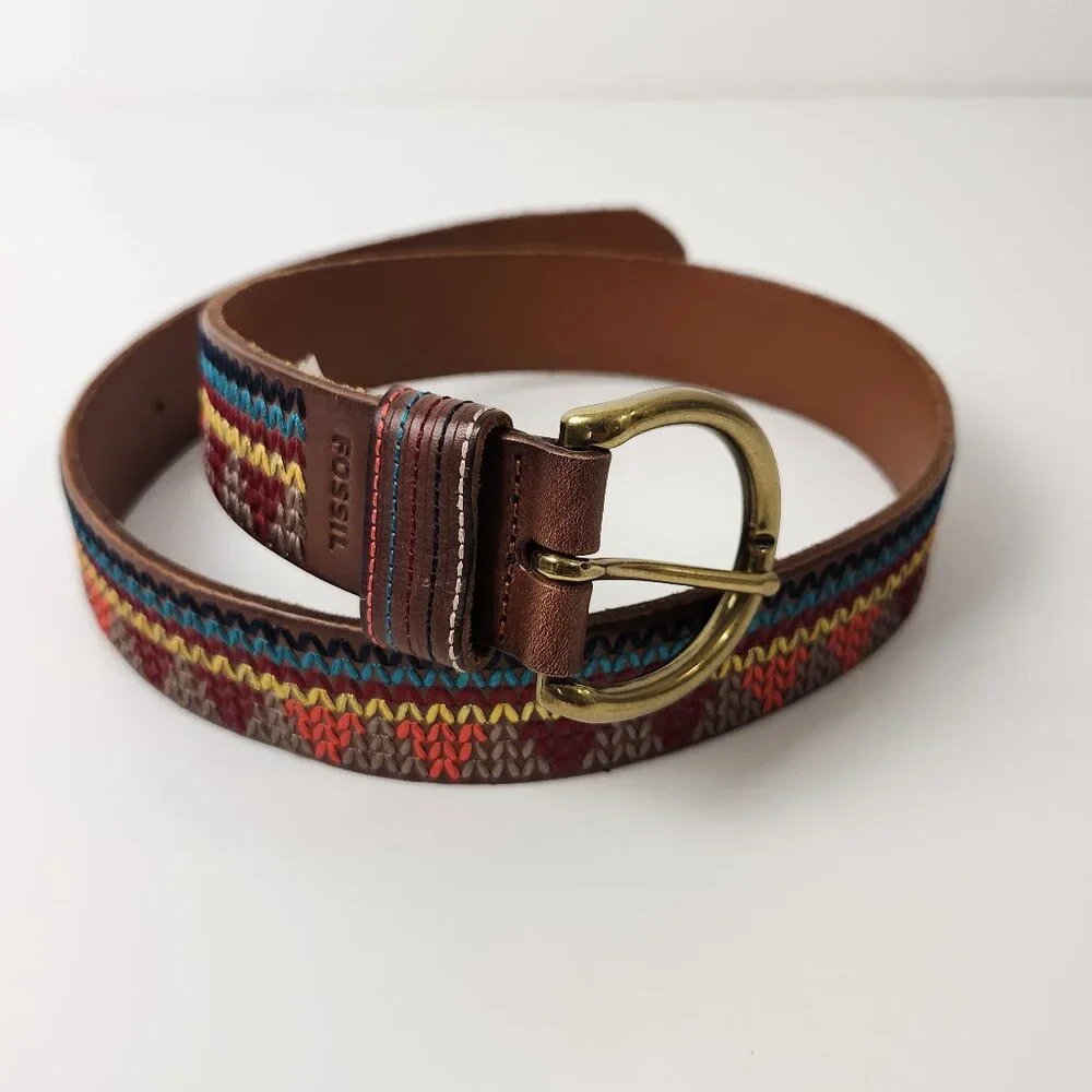 Fossil Belt Womens S Brown Southwest Embroidered Boho Western Cowgirl Rustic - Picture 1 of 10